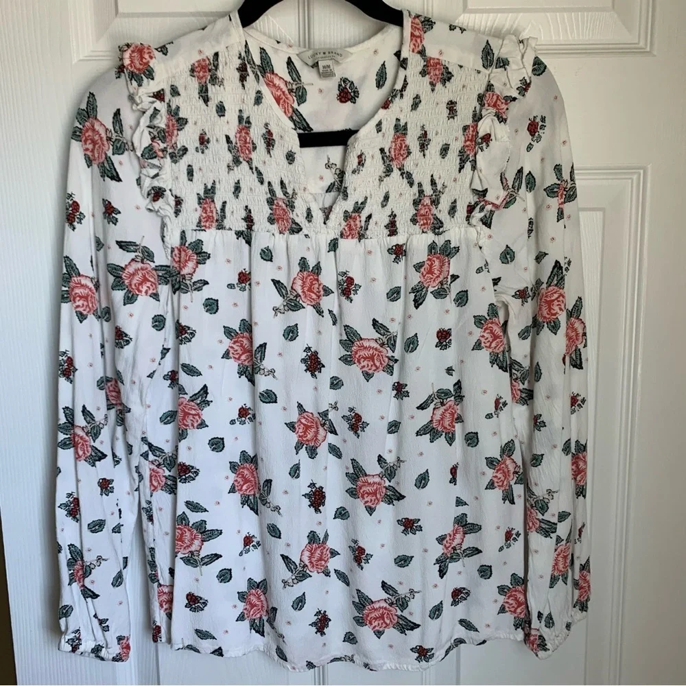 Lucky Brand White Rose Floral Long Sleeve Blouse, size M - Picture 8 of 8